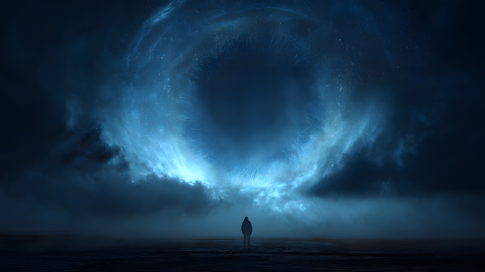 Grace in the midst of evil concept with a lone figure standing before a glowing light in darkness, symbolizing faith, hope, and spiritual transformation